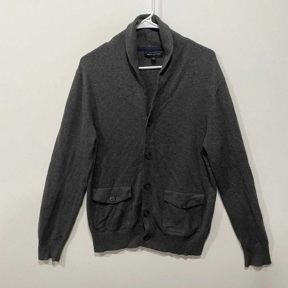 Banana Republic‎ Men Charcoal Shawl Collar Cardigan Sweater Medium Button Front